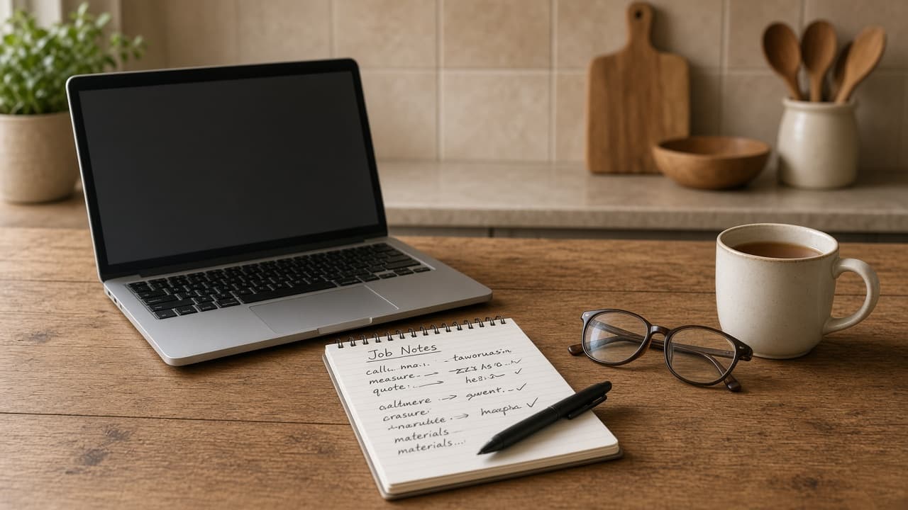 A couple running a small trade business look at a laptop together at the kitchen table.