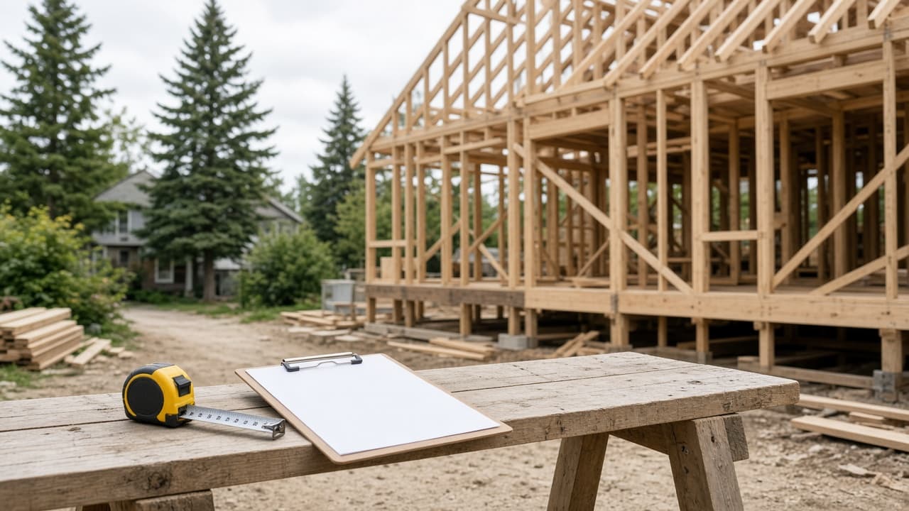 A builder measuring timber on sawhorses on a residential site.