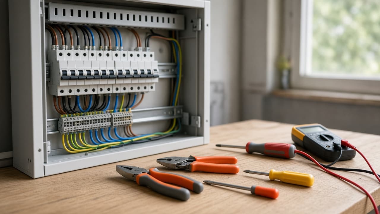 An electrician testing a switchboard with a multimeter.