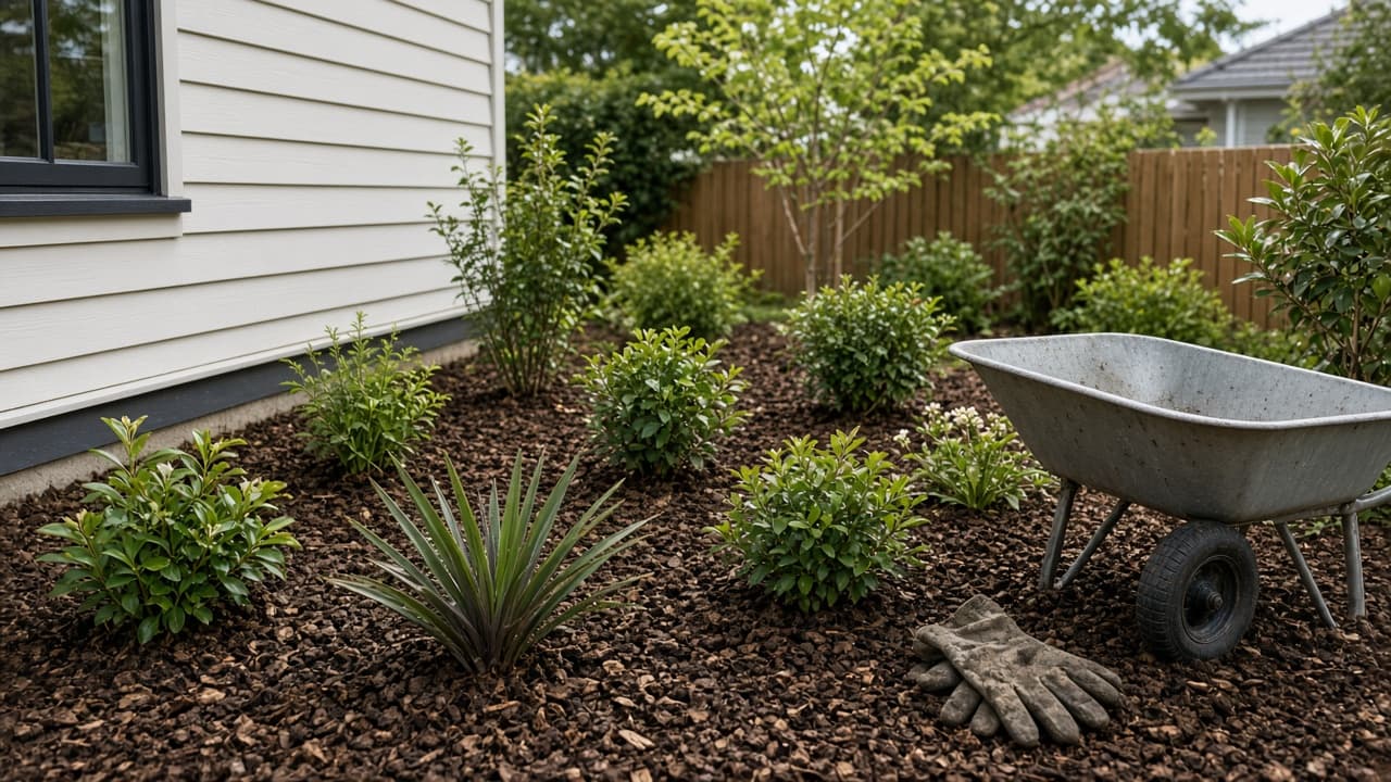 A landscaper laying pavers in a backyard garden.