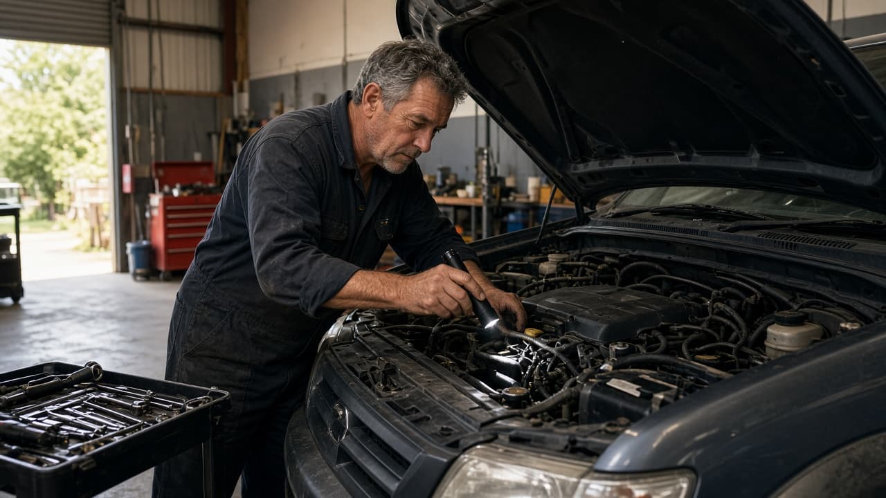 A mechanic checking a ute engine with a torch in a workshop.