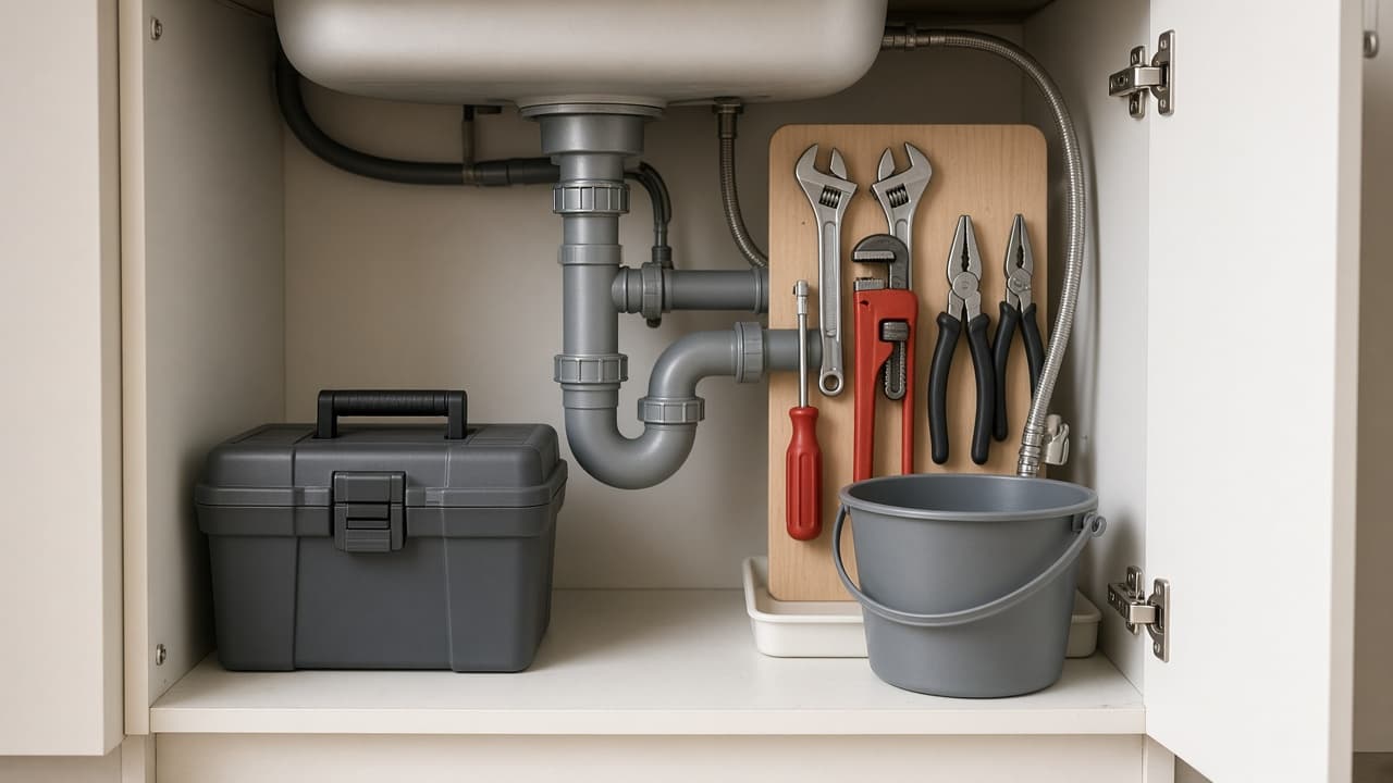 A plumber fitting a pipe under a kitchen sink.